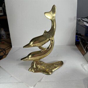 Brass 2 Dolphins Statue Art Sculpture Nautical Sea Ocean Decor Large 11” tall